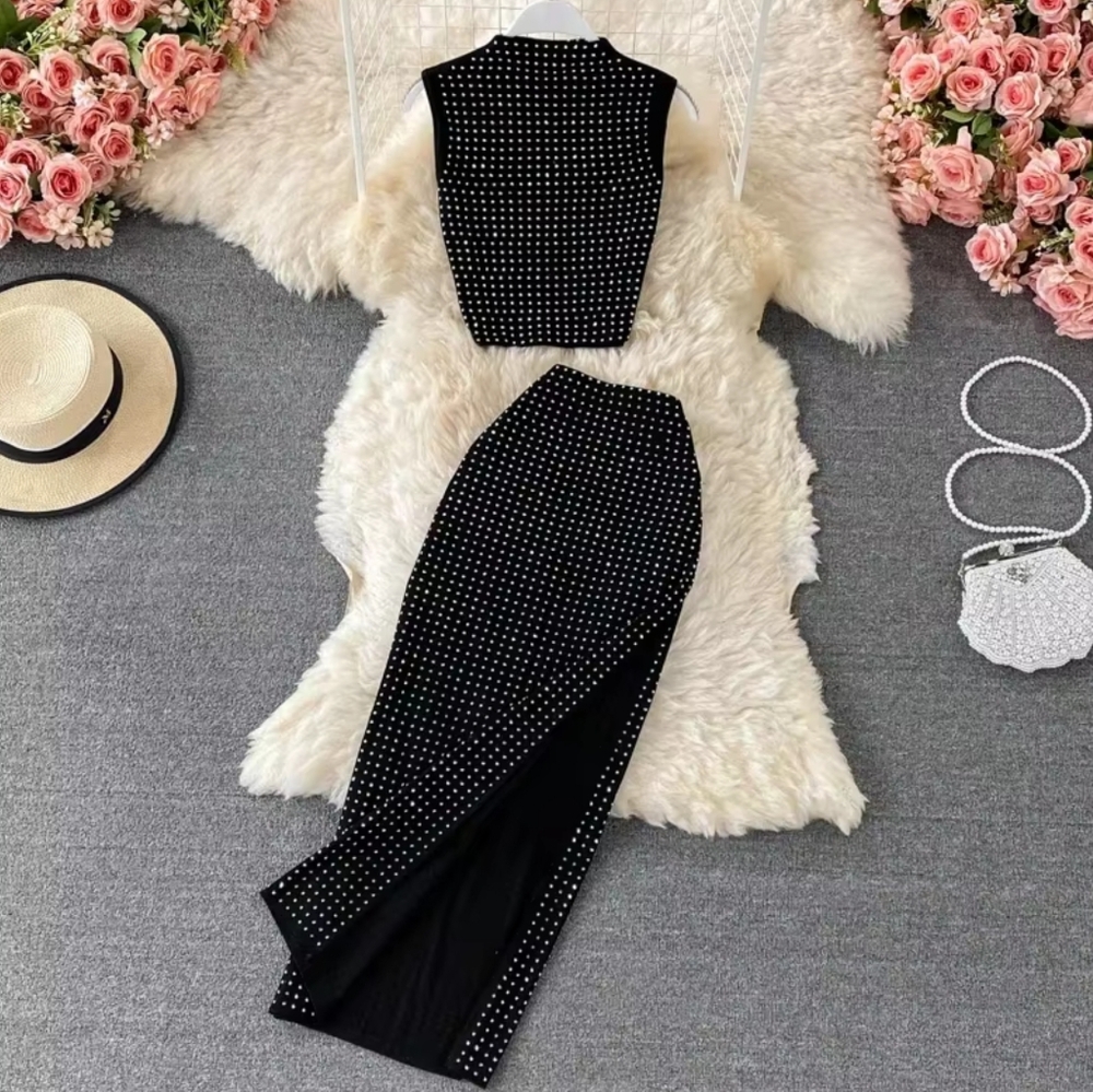 Ladies Two Piece Set Outfits Stand Sleeveless T-shirt + Long Skirt - Picture 2 of 9